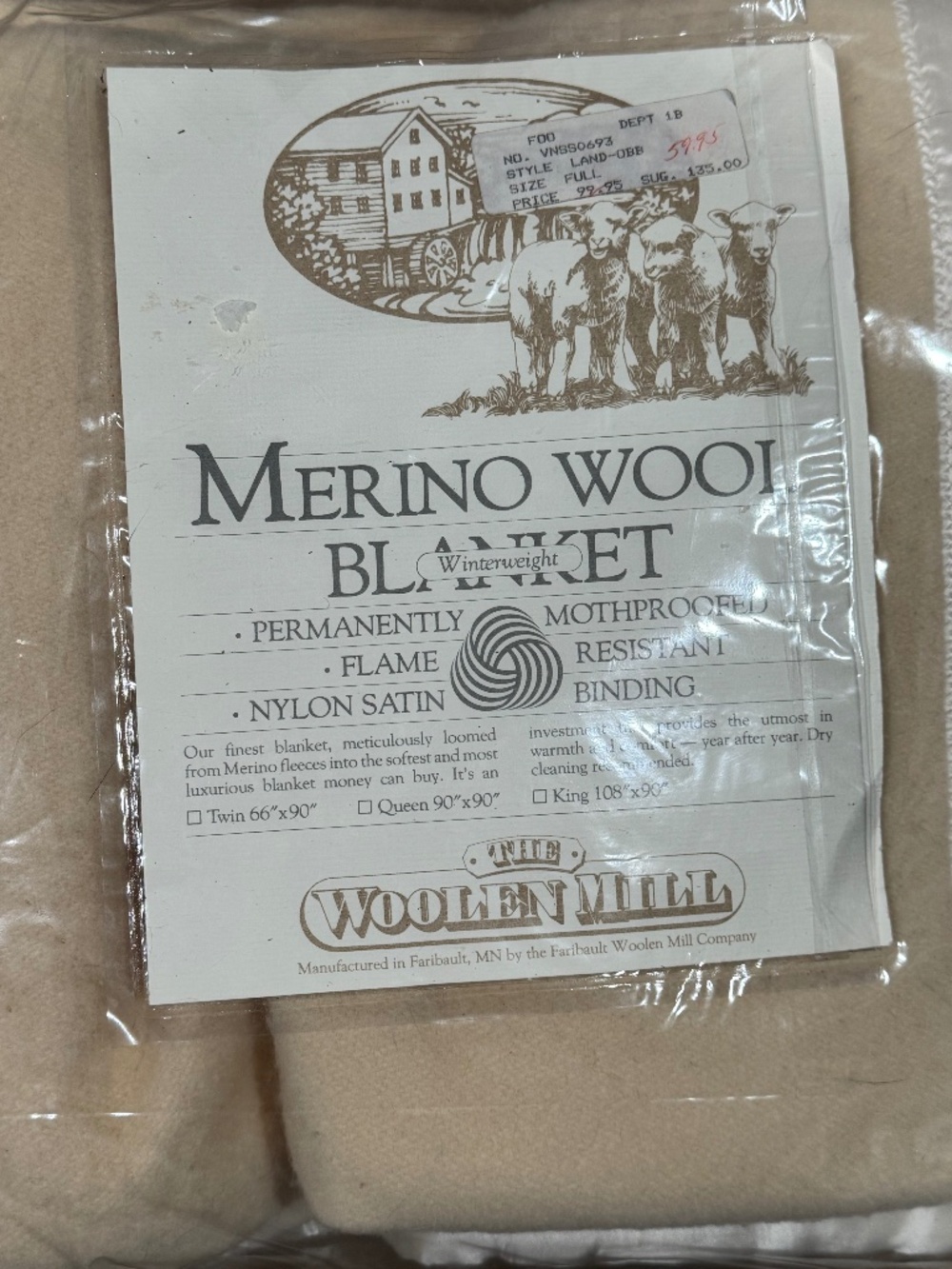 Faribault Woolen Mill Merino Wool Blanket CREAM TAN Satin Trim FULL SIZE USA